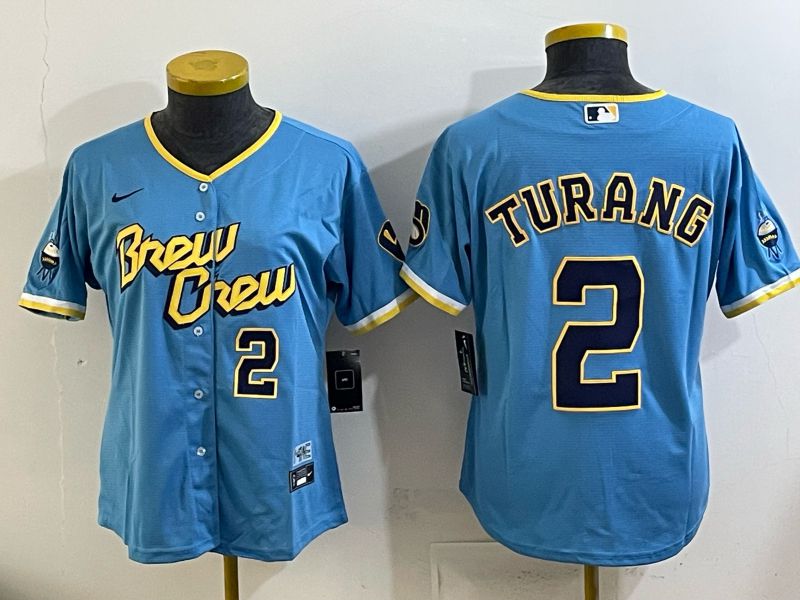 Women 2025 Milwaukee Brewers #2 Turang Light blue City Edition Nike MLB Jersey 04